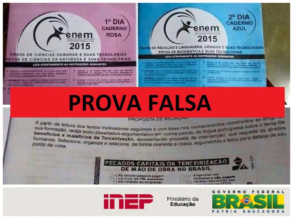 Foto publicada pelo Inep, com a tarja “prova falsa” | Reprodução /Twitter