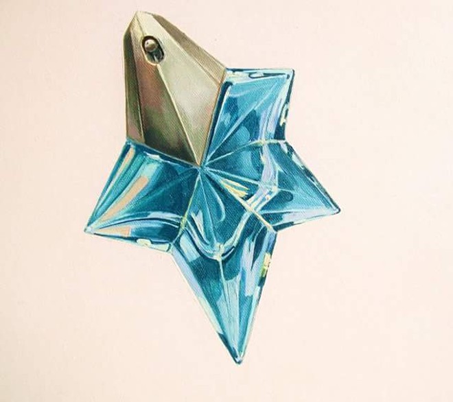 Da série de “objetos de afeto”, a reprodução pictórica pop de um vidro de perfume. | Acervo família Nocera Paulin