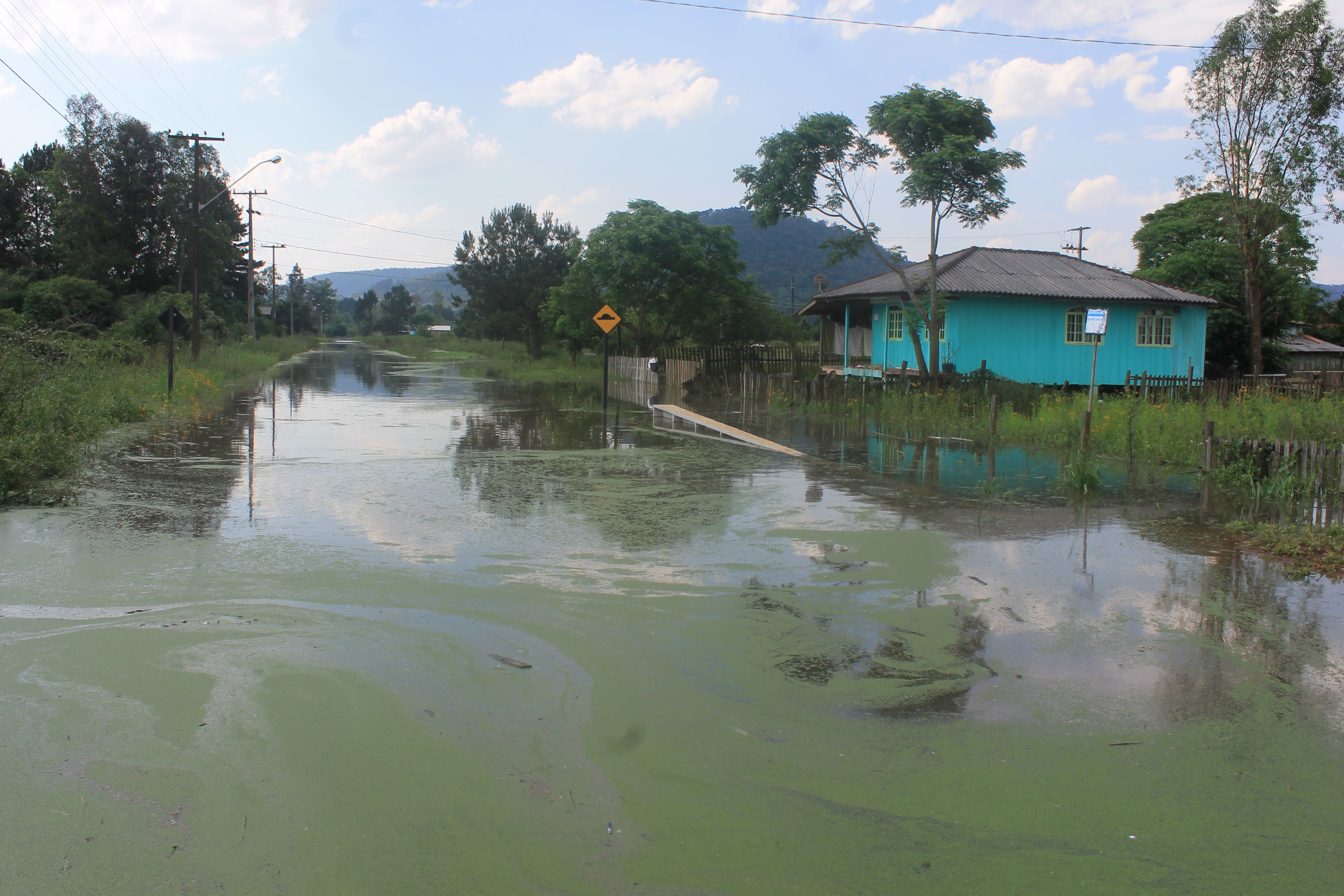 Rua Abilon de Souza Naves, que fica ao lado do Iguaçu. Rio estava em 5,40 na imagem | Bruna Kobus /Gazeta do Povo