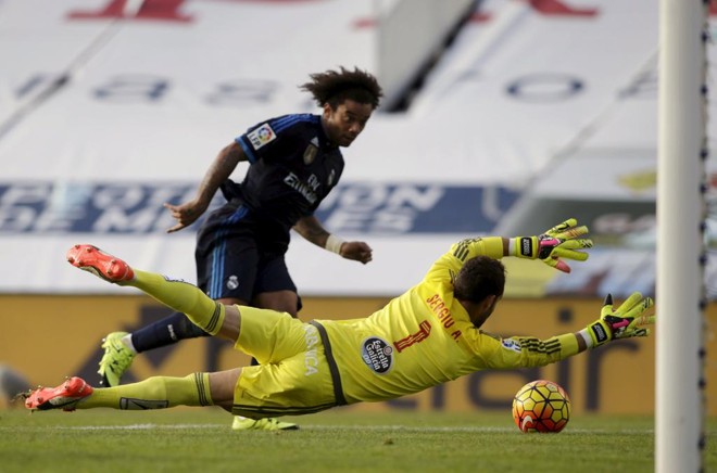 O lateral-direito Marcelo fechou o placar para o líder Real Madrid na vitória por 3 a 1 sobre o Celta de Vigo, pelo Espanhol. | Miguel Vidal/Reuters