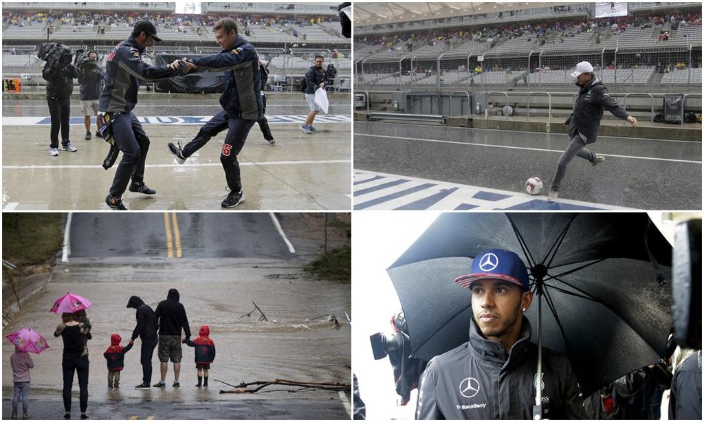 Com o circuito interditado pela chuva, teve de tudo em Austin: valsa na entrada dos boxes da Red Bull, bate bola de Nico Rosberg e Niki Lauda, passeio em família na pista e Hamilton se protegendo debaixo do guarda-chuva. | /