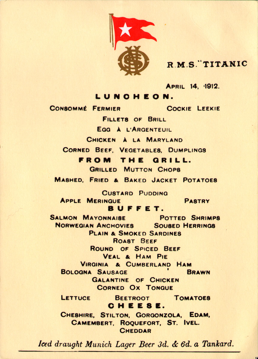 Reprodução do cardápio do Titanic: “maionese de salmão”. | /Wikimedia Commons