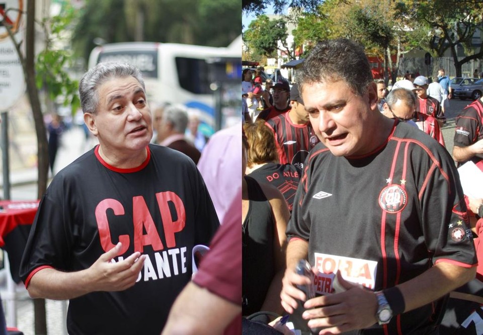 Doático Santos em dois momentos no Atlético: hoje a favor da chapa de Petraglia e em 2005, pedindo a saída do dirigente. | Daniel Castellano/Gazeta do Povo