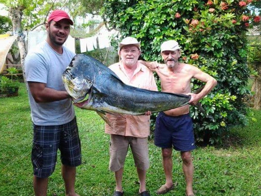 Marlon Borba, Jaime Bernardes e Vicente Piazza exibem o dourado-do-mar de quase 30 quilos.. | /Arquivo Pessoal