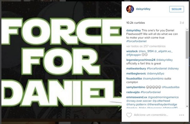 Publicação da atriz Daisy Ridley em apoio a campanha. Em O Despertar da Força, a atriz interpretará a personagem Rey. | Reprodução