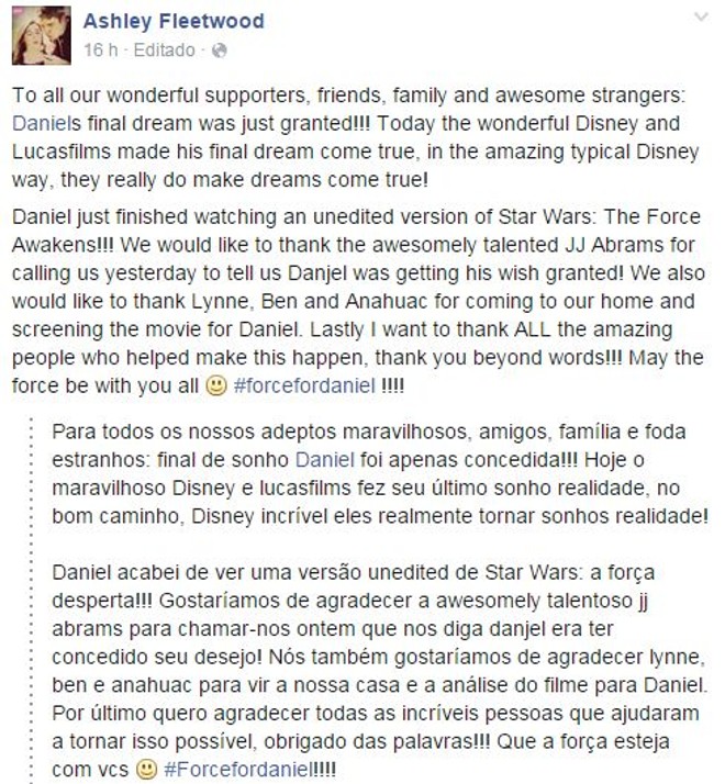 Em postagem no Facebook, a esposa de Daniel agrade o apoio dos internautas. | Reprodução/Facebook