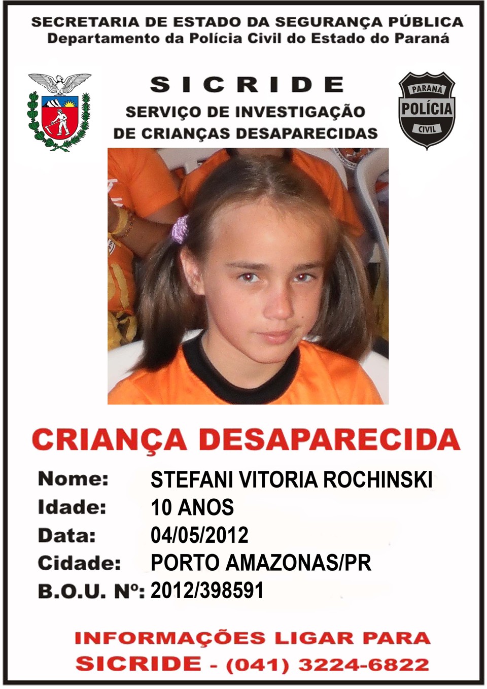A polícia segue à procura de pistas do paradeiro de Stefani, | Divulgação/Sicride