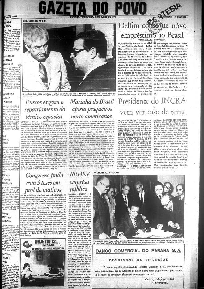 Capa da década de 1970 - o noticiário começava já na primeira página, não raro com a continuação das matérias sendo publicadas nas páginas internas. | arquivo/Gazeta do Povo
