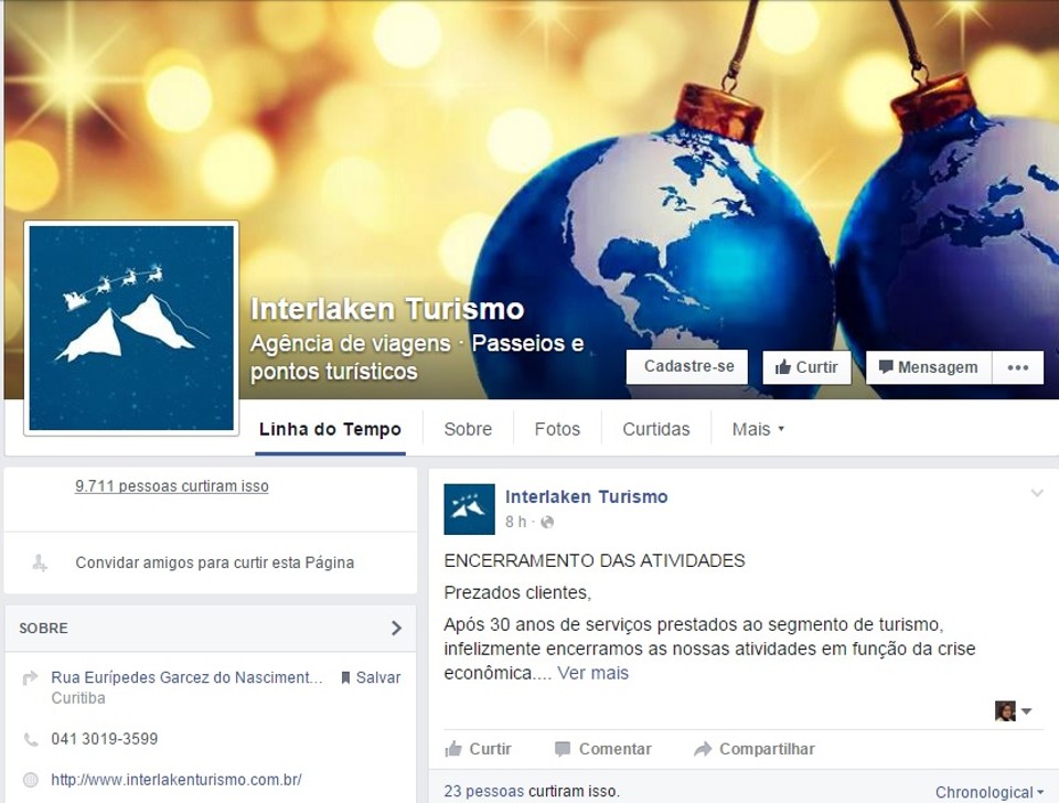 Operadora de turismo anuncia falência pelo Facebook e deixa clientes na mão Agência anunciou encerramento das atividades em sua página nas redes sociais. | Reprodução/Facebook