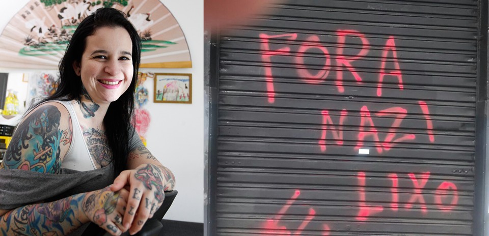 Tatuadora abordada à esquerda; ao lado a pichação feita na porta de estabelecimento de integrante da Frente Nacionalista | Foto montagem Daniel Castellano/Facebook/Gazeta do Povo