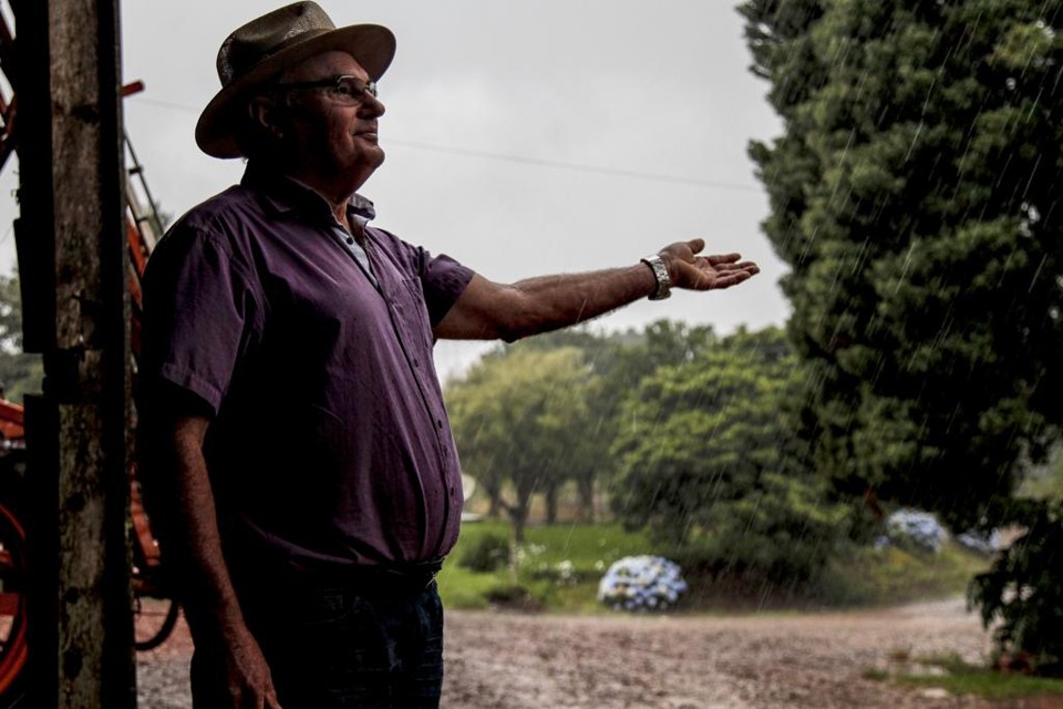 José Nicolau Ludwig estende a mão para sentir a chuva em Abelardo Luz. Clima úmido prevaleceu durante todo o mês de novembro. | André Rodrigues/Gazeta do Povo