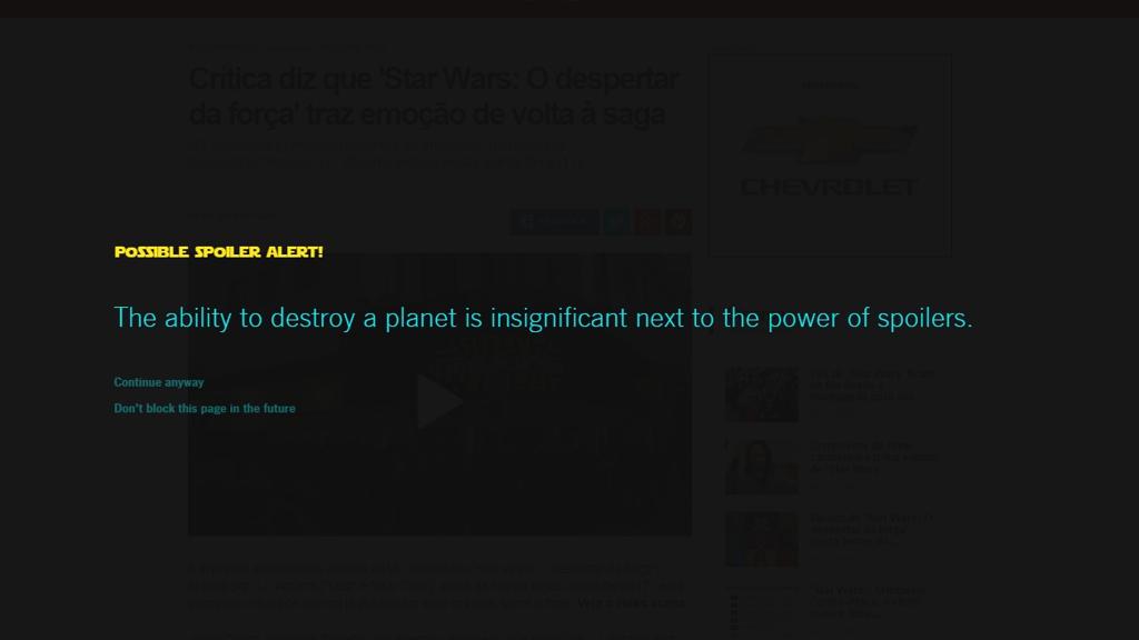 Ferramenta detecta conteúdo relacionado ao filme e cobre a tela do site que o abriga, permitindo ao usuário continuar a ler ou não. | /Reprodução