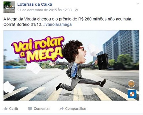 Procon-RJ autua Caixa por propaganda enganosa da Mega da Virada Perfil “Loterias Caixa Oficial” no Facebook divulga o prêmio de R$ 280 milhões da Mega da Virada | Reprodução/Facebook