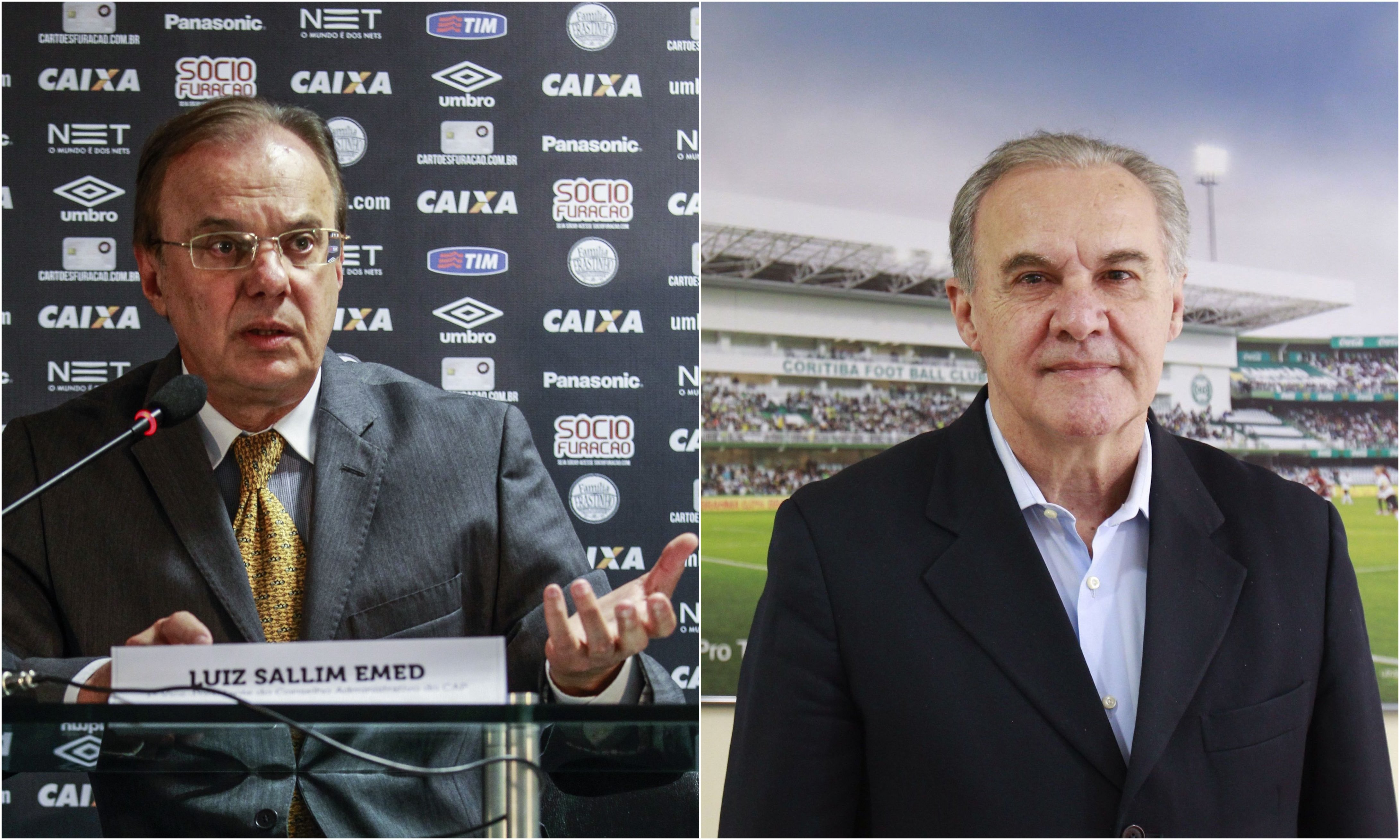 Luiz Sallim Emed, presidente do Atlético, e Alceni Guerra, vice do Coritiba, esperam solução “pacífica” para a Primeira Liga. | Daniel Castellano/Gazeta do Povo