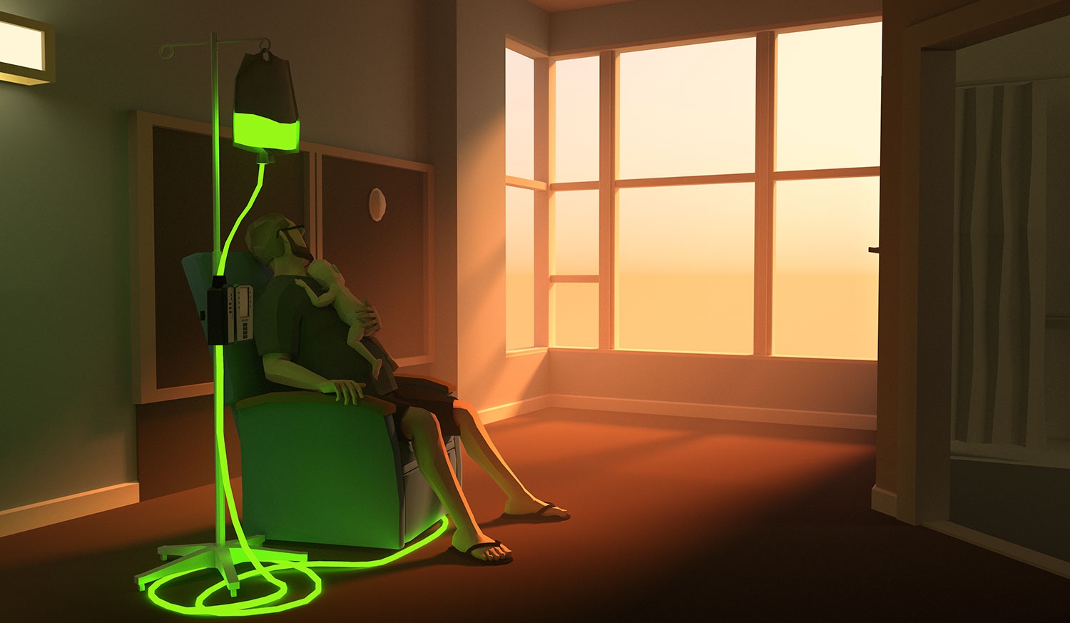 Cena do jogo em que o pai segura o filho em sessão de quimioterapia. | Reprodução