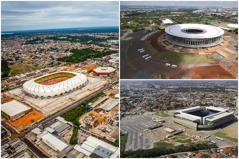 Arena Amazônia (esq.), Estádio Nacional de Brasília (dir, acima), e Arena Pantanal, em Cuiabá: cenário sombrio. | Fotos Públicas e Secopa/