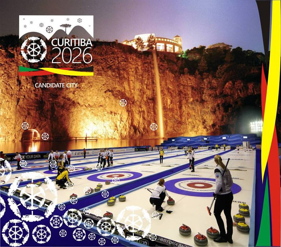 Um dos cartazes criados pelos designeres Herman Geert e Christiane Ribeiro com prova de curling no Parque Tanguá. | Reprodução Facebook/“Curitiba 2026 - Candidate city for the XXV Olympic Winter Games