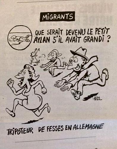 “O que o pequeno Aylan seria quando crescesse?”, pergunta o Charlie.Embaixo, a resposta: “um assediador na Alemanha” | Reprodução