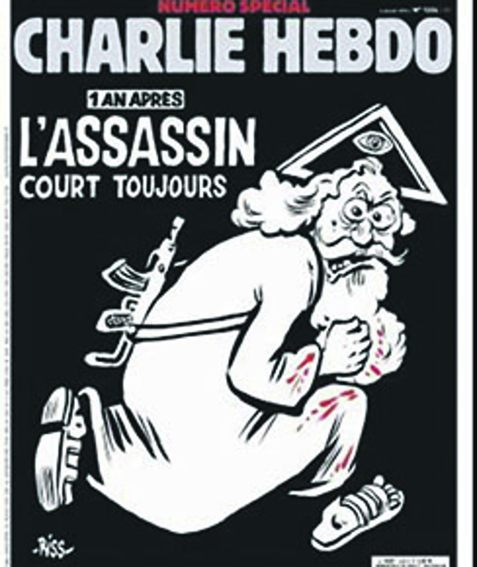 “O assassino ainda está solto”, diz a legenda da capa do ‘Charlie Hebdo’ que irá ás bancas nesta semana | Reprodução/AFP