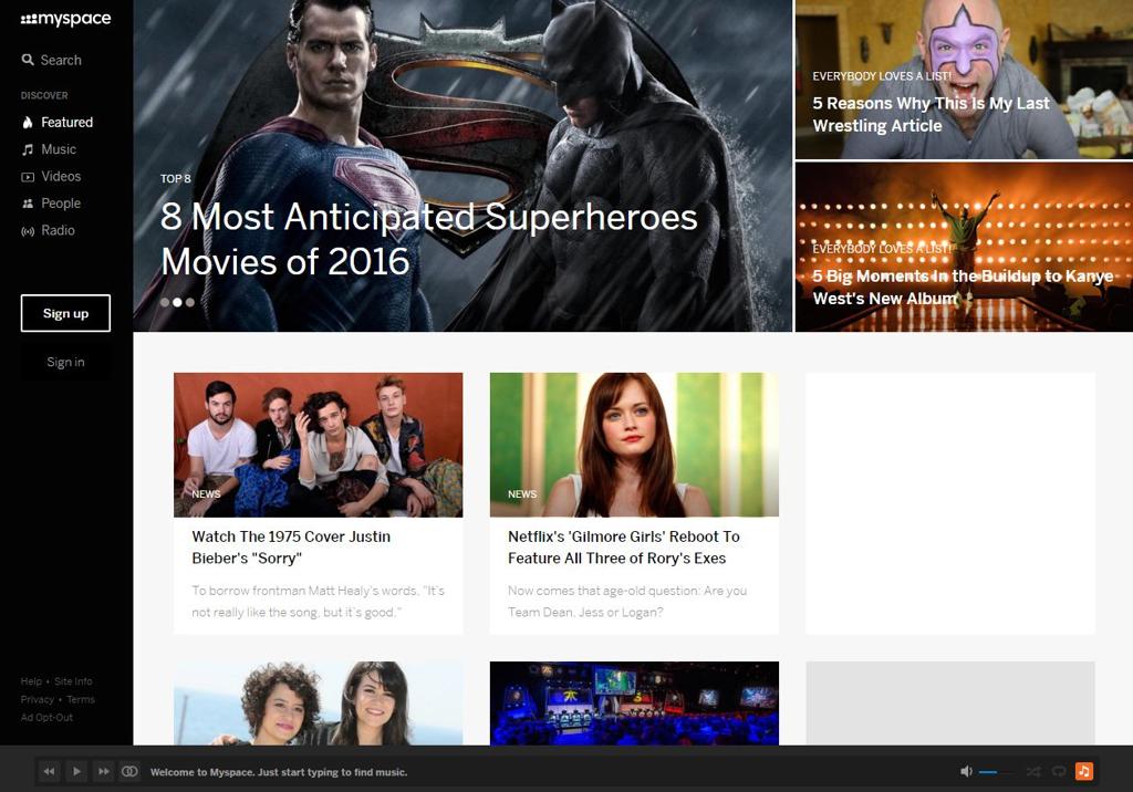 MySpace continua em atividade, mas focado em notícias de entretenimento e música | Reprodução