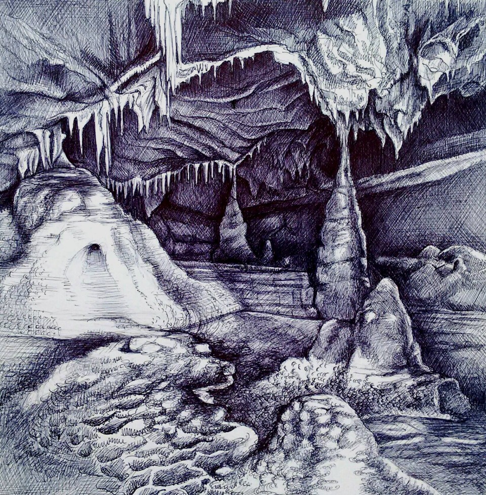 Espeleólogos narram histórias marcantes no livro “Memórias dos Desbravadores de Cavernas do Paraná” Gruta de Terra Boa ilustrada a caneta esferográfica | Ilustrações de Birgitte Tümmler