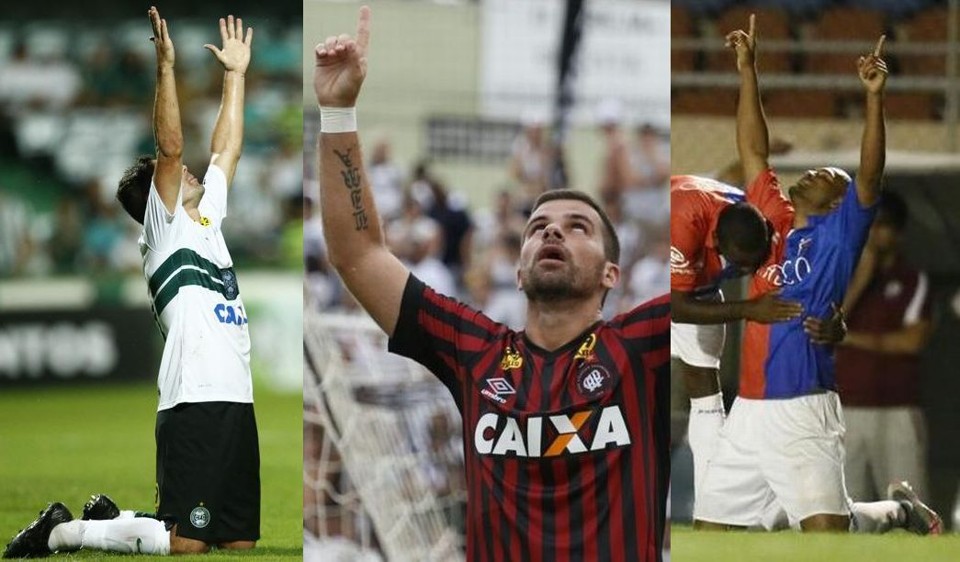 Juan, André Lima e Luicio Flavio comemoram vitória do Coritiba, Atlético e Paraná | Hugo Harada e Josué Teixeira/Gazeta do Povo