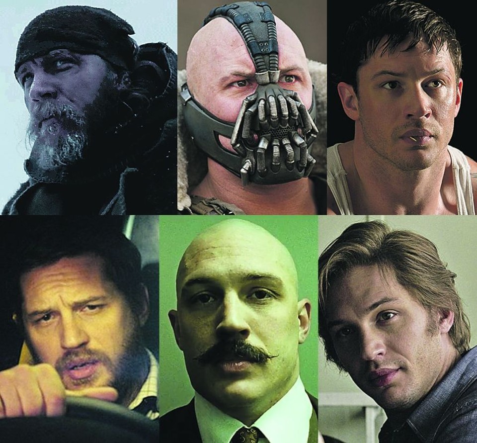 Tom Hardy é um mutante (a partir do alto, em sentido horário): “O Regresso”, “O Cavaleiro das Trevas Ressurge”, “Guerreiro”, O Espião Que Sabia Demais”, “Bronson” e “Locke”. | Fotos: Divulgação