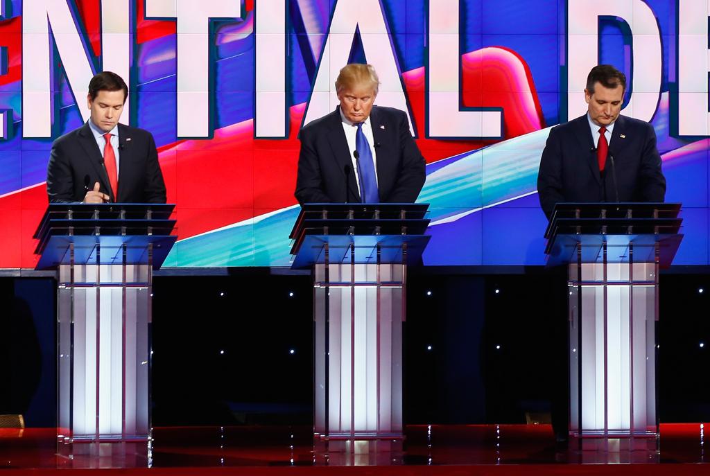 Marco Rubio, Donald Trump e Ted Cruz trocaram farpas durante o debate dos republicanos que antecede a Super Terça | SCOTT HALLERAN/AFP