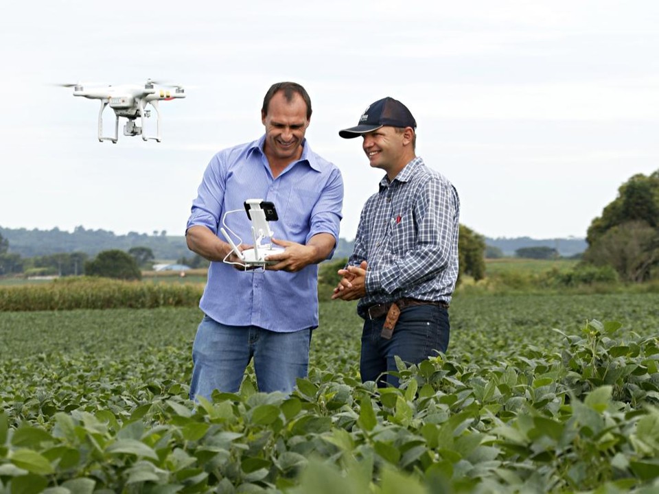 Drone é o olho do alto do produtor Kluger e do agronômo Hubert. | Josue Teixeira/Gazeta do Povo