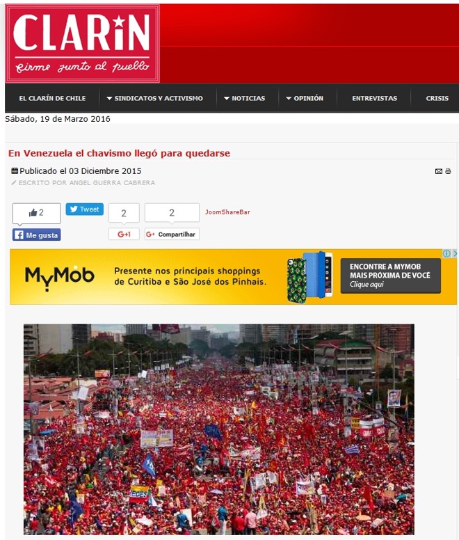 A imagem seria da Venezuela. Diversos sites a publicaram ligando a atos “pela Democracia”, no ano passado, entre eles o site do Clarín chileno |
