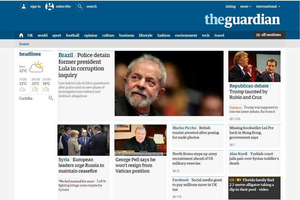 O jornal britânico The Guardian publicou a manchete “Polícia detem ex-presidente Lula em inquérito sobre corrupção”, mantendo a como principal destaque na capa do site. | Reprodução/The Guardian