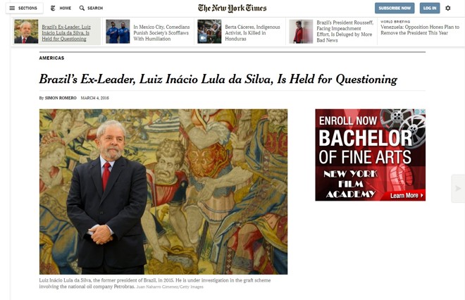 Um dos principais jornais do mundo, o The New York Times publicou matéria intitulada “Ex-líder do Brasil, Luis Inácio Lula da Silva é detido para inquérito”. | Reprodução/The New York Times