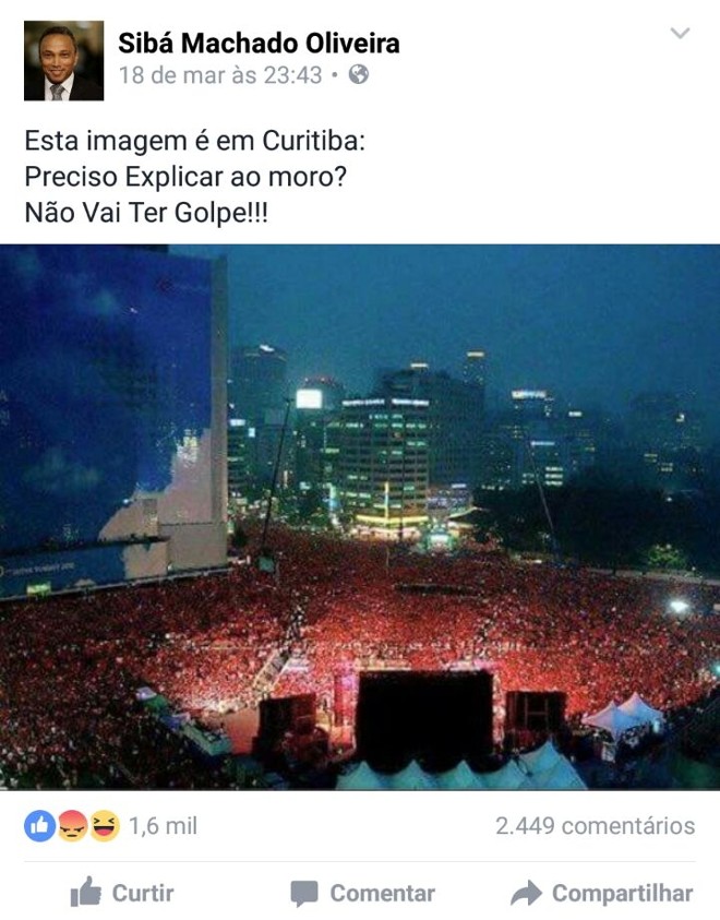 Sibá Machado posta foto de multidão na Coreia como sendo de Curitiba |