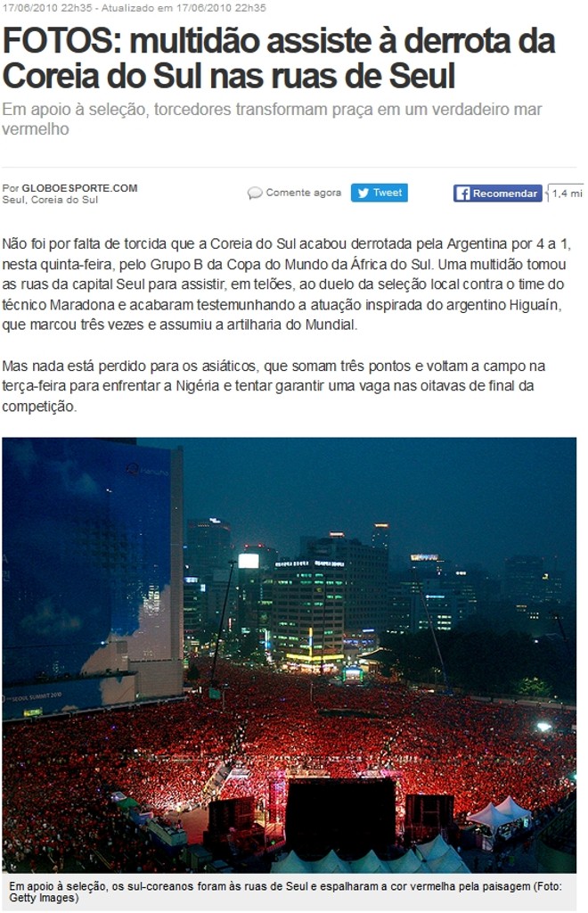 Imagem é de 2010 em Seul, na Coreia do Sul. À época, o portal G1 noticiou que a multidão assistia à derrota da seleção para a Argentina |