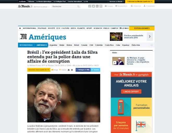 O francês Le Monde também destacou a investigação: “Brasil: ex-presidente Lula da Silva é ouvido pela polícia em caso de corrupção”. | Reprodução Le Monde