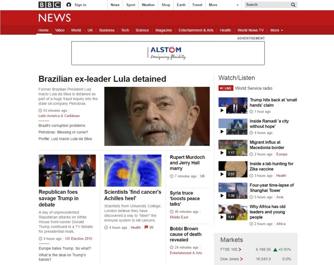 A notícia do depoimento de Lula também ganhou destaque na página inicial do portal de notícias britânico BBC News. A machete diz “Detido Lula, ex-líder brasileiro”. | Reprodução BBC News