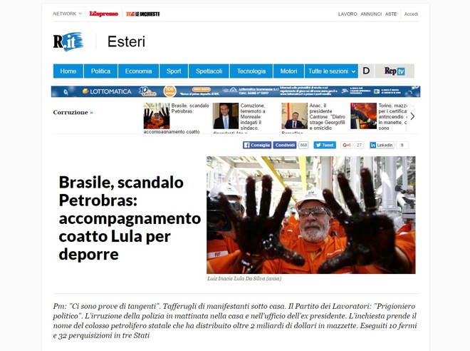 La Repubblica, da Itália, também menciona o escândalo da Petrobrás e o depoimento de Lula em matéria em seu site. | Reprodução