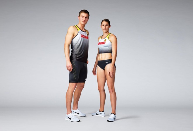 Atletas Thomas Röhler e Carolin Schäfer na apresentação dos uniformes de atletismo da Alemanha para a Rio-2016. | Nike