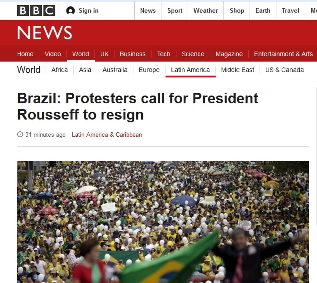A BBC News ressaltou o caráter pacífico dos protestos e as cores verde-e-amarela usadas pelos manifestantes | Reprodução