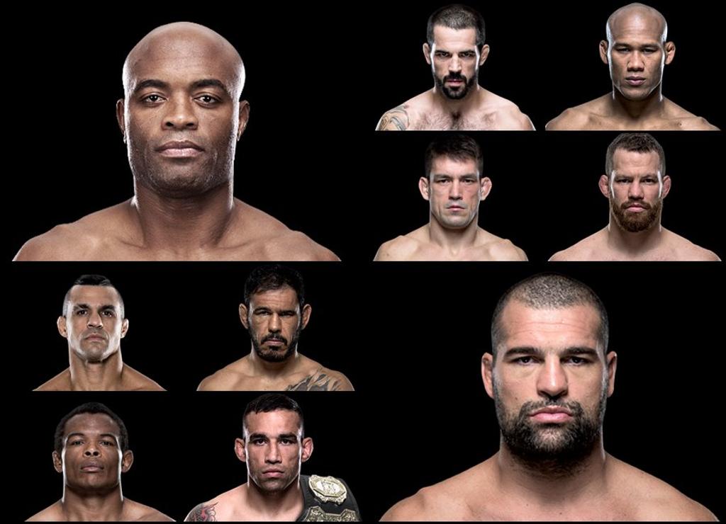 Alguns dos veteranos do UFC 198: Anderson Silva e Shogun estão em destaque; no quadro de cima, Matt Brown, Ronaldo Jacaré, Demian Maia e Nate Marquardt; no quadro de baixo, Vitor Belfort, Minotouro, Francisco Massaranduba e Werdum. | UFC/Divulgação