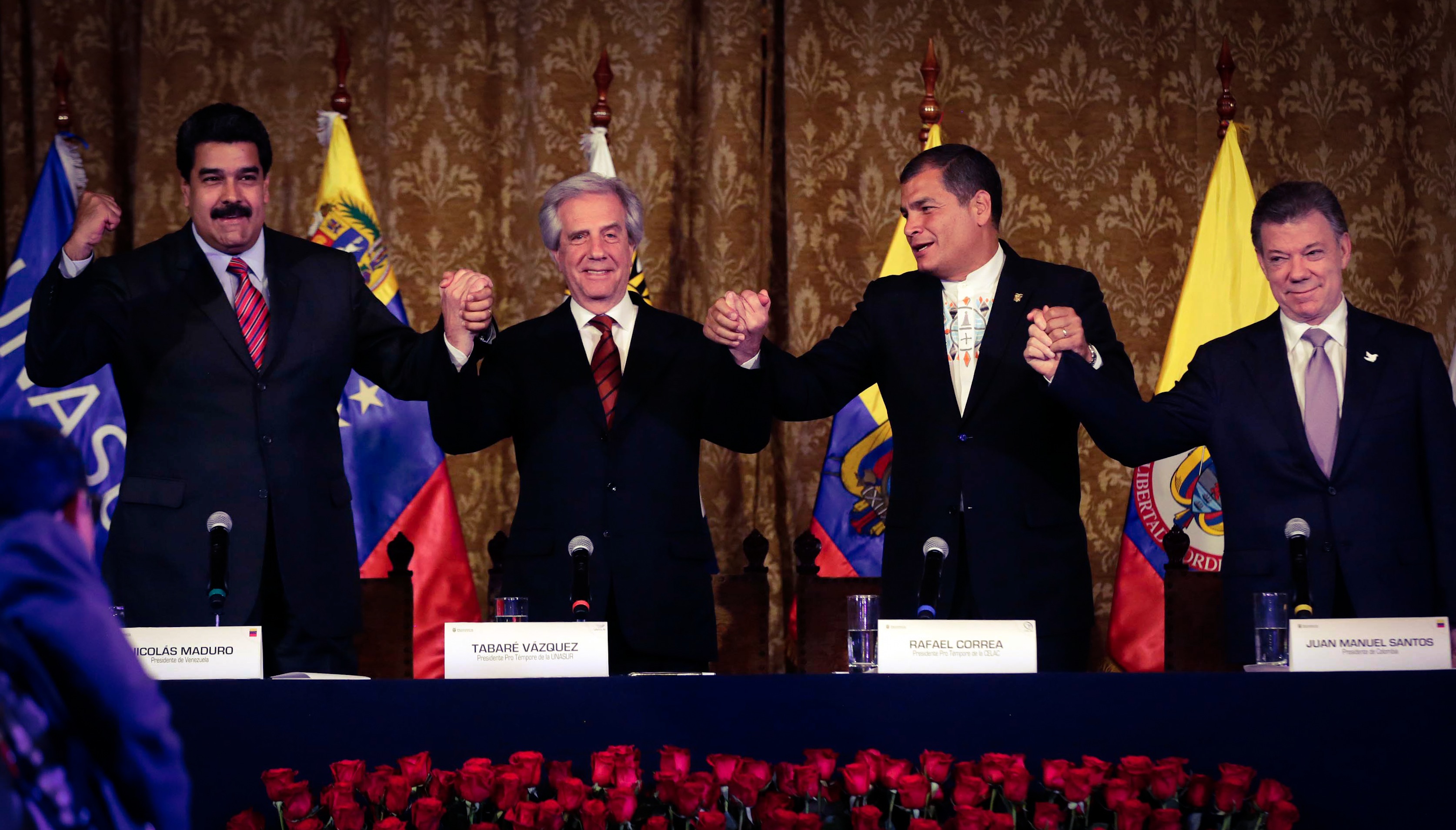 Os presidentes da Venezuela, Nicolás Maduro (esq.), do Uruguai, Tabaré Vasquez, do Equador, Rafael Correa, e da Colômbia, Juan Manuel Santos (dir.) | Foto: Mauricio Muñoz/ Presidência da República/Fotos Públicas/Arquivo