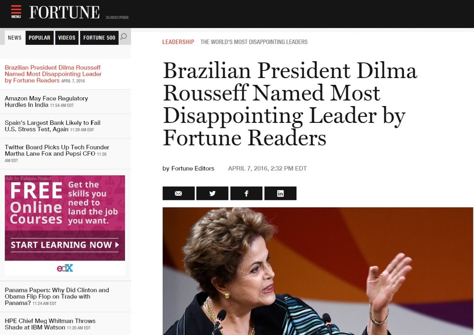 Matéria da Fortune que apresenta Dilma como a líder mundial que mais desapontou. | Reprodução/Site Revista Fortune