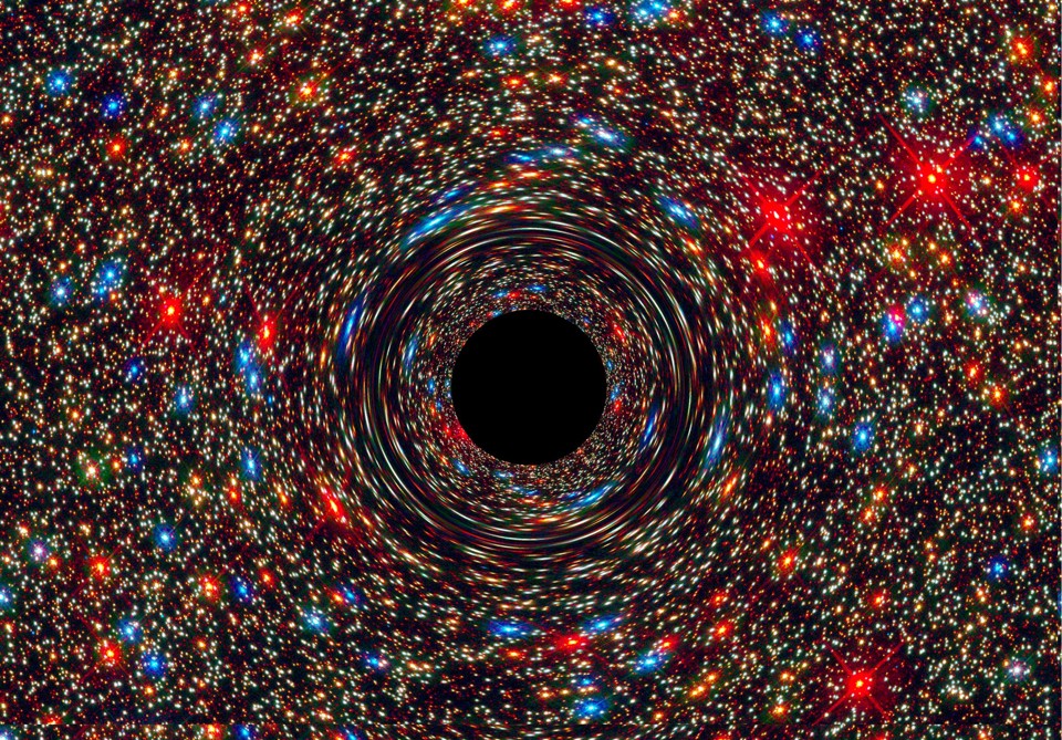 Imagem computadorizada mostra um a simulação de um buraco negro supermaciço no centro de uma galáxia. | NASA, ESA, D. Coe, J. Anderson, R. van der Marel /STScI