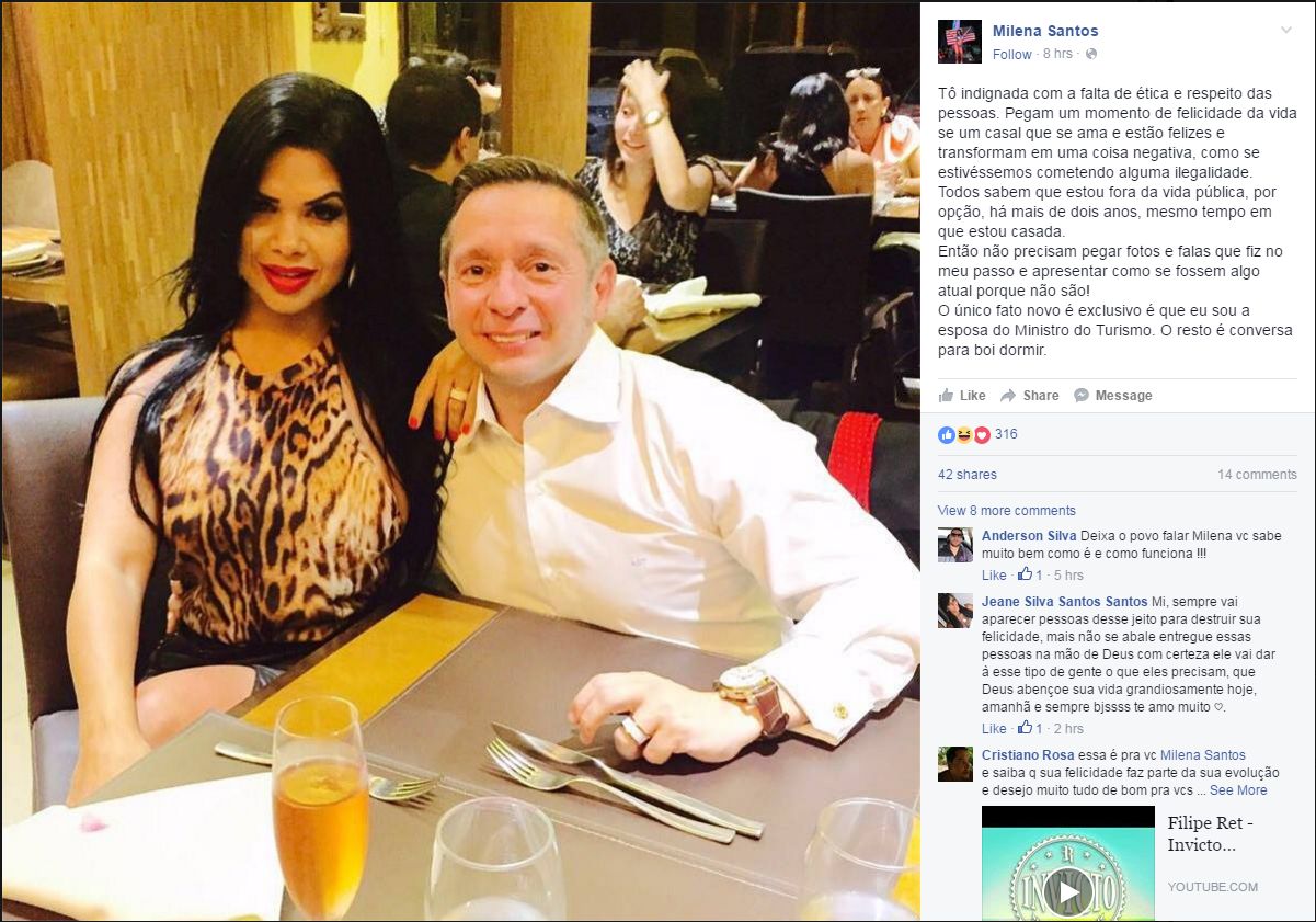Em novo post, Milena Santos reclama da falta de respeito e de ética das pessoas que repercutiram suas fotos com o marido | Reprodução/Facebook
