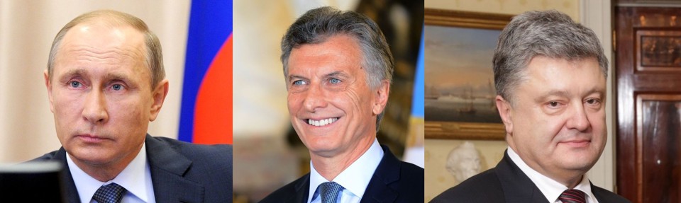 Os presidentes Vladimir Putin (Rússia), Mauricio Macri (Argentina) e Petro Poroshenko são algumas das autoridades citadas | Divulgação/