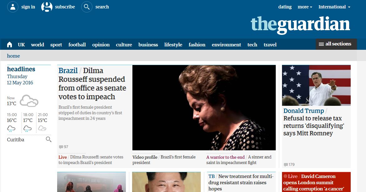Capa do site do The Guardian destaca afastamento da presidente Dilma Rousseff | /Reprodução
