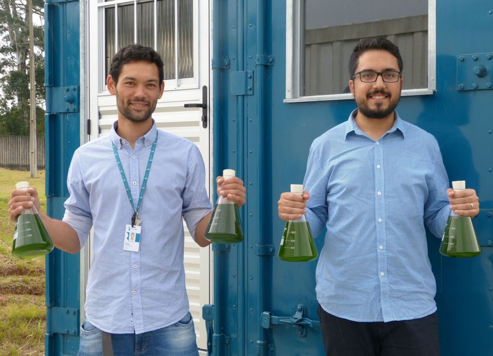 Os pesquisadores Bruno Miyawaki e Thiago Carvalho de Mello: primeiros experimentos com as algas microscópicas já começaram. | Divulgação/LACTEC