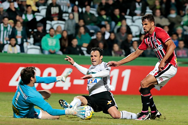 Kléber tenta desempatar a partida, mas acaba perdendo o lance com o goleiro são-paulino Denis. | Albari Rosa/Gazeta do Povo