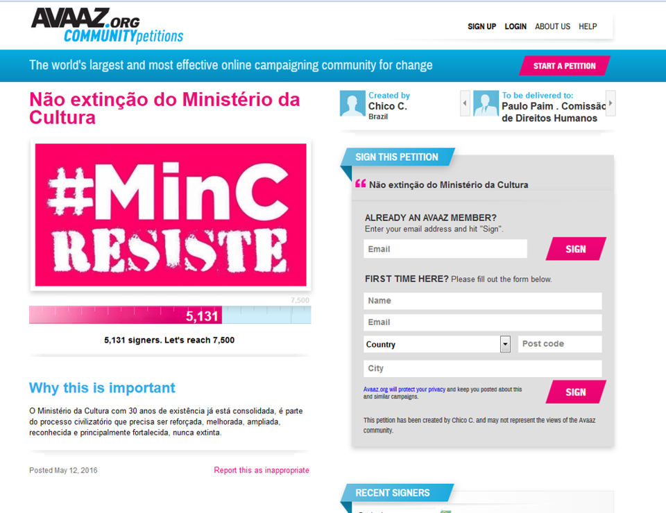 Petições começaram a ser criadas junto com o anúncio da extinção do Ministério, que por ora é administrado em conjunto com Educação | Reprodução/site da Avaaz