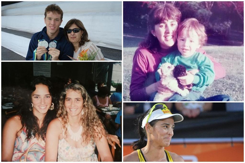 Nas fotos, Ágatha e Henrique Rodrigues com suas mães Maria e Sônia. | Arquivo Pessoal e FIVB/